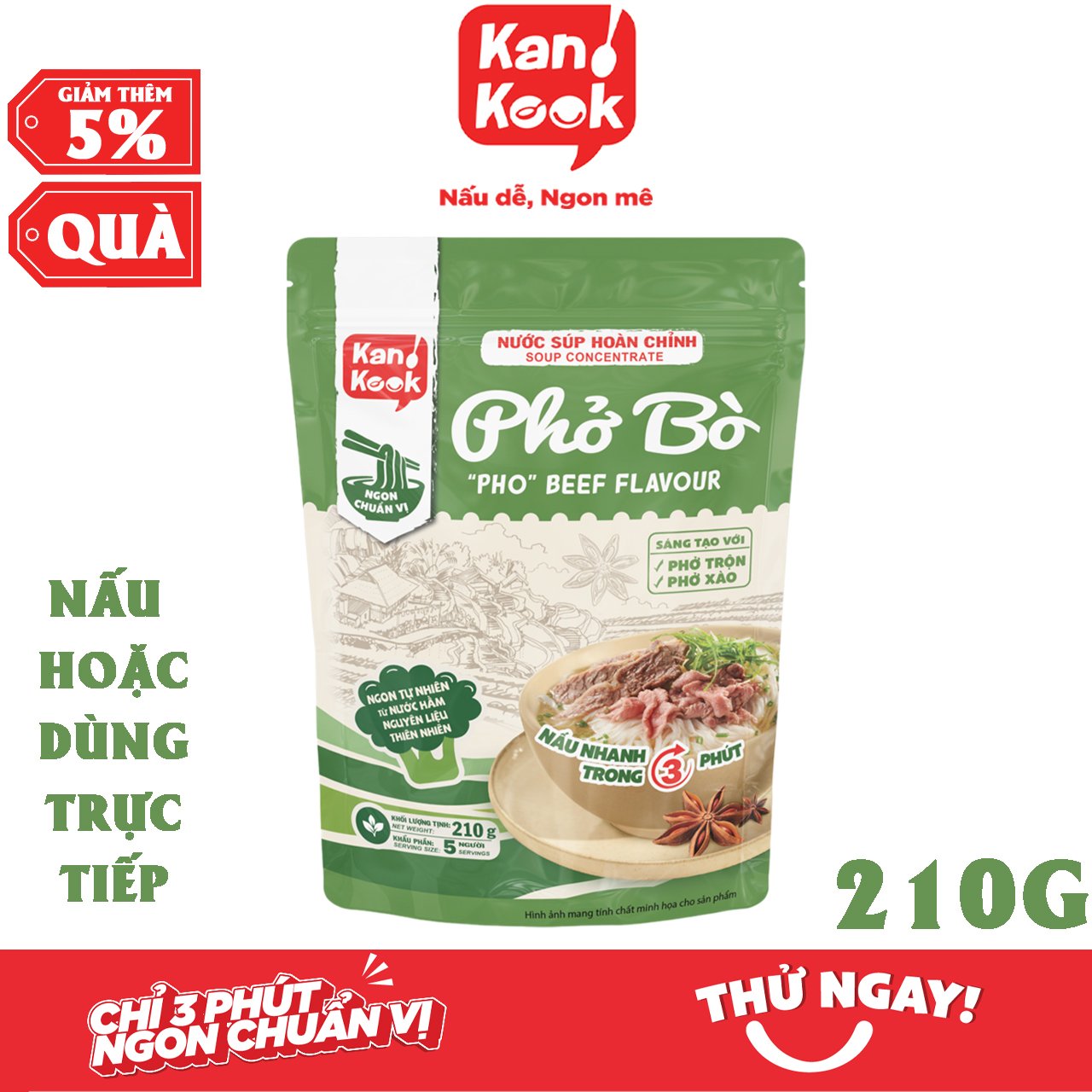 Nước Cốt Cô Đặc Vị Phở Bò KanKook Gói 210g Nấu/Trộn Ăn Liền Gia Vị Hoàn Chỉnh Chuẩn Vị Phở Sài Gòn