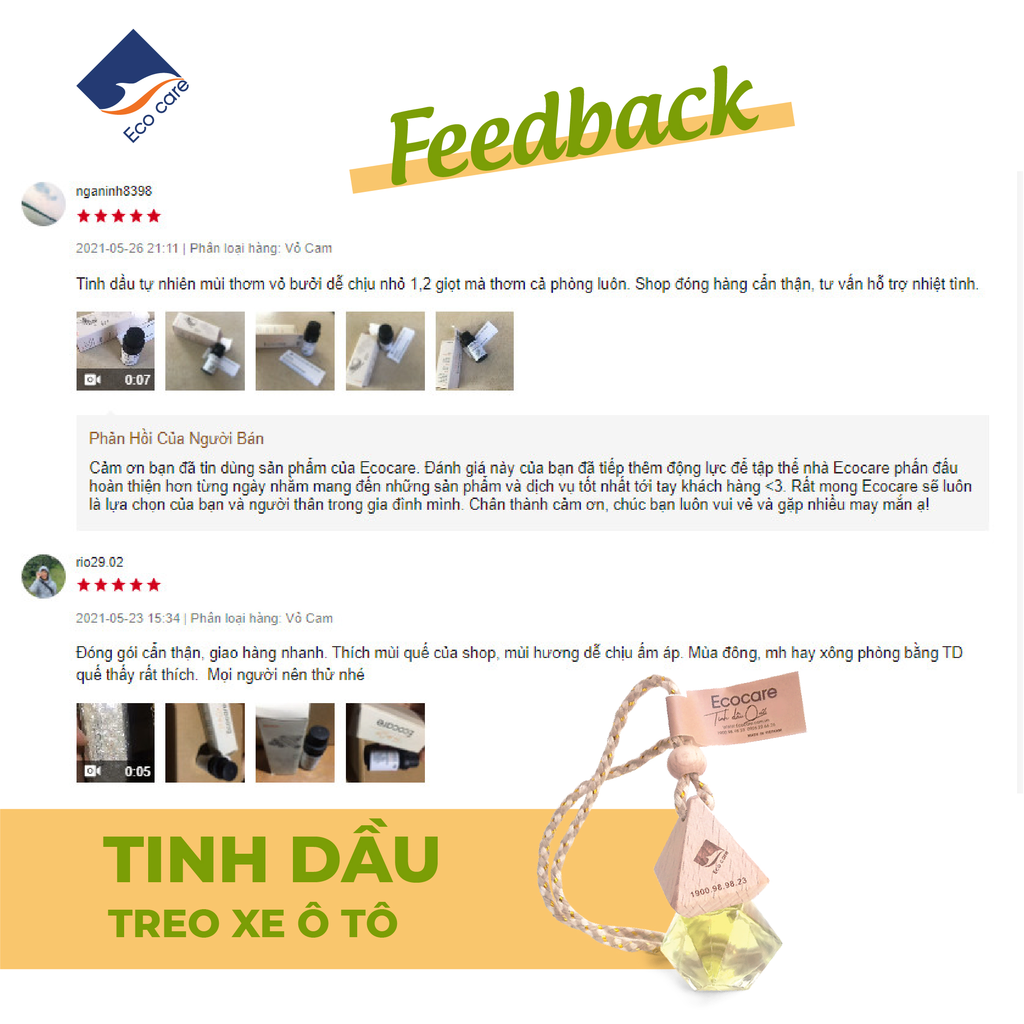 Tinh dầu treo xe ô tô cao cấp ECOCARE 7ml với thành phần nguyên chất tự nhiên, khử mùi và làm thơm xe hơi hiệu quả