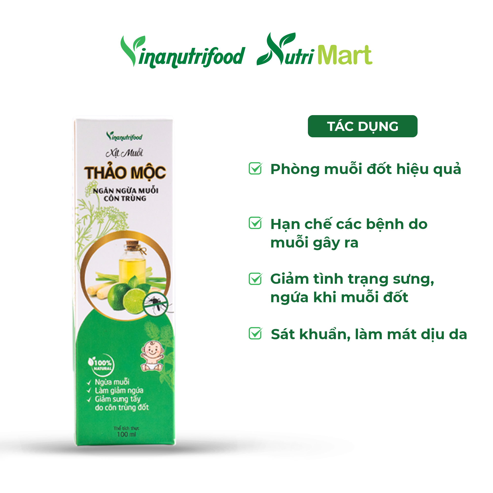 Xịt muỗi thảo mộc Vinanutrifood chiết xuất hoàn toàn từ các nguyên liệu tự nhiên, không hóa chất, an toàn cho cả trẻ nhỏ, bảo vệ da khỏi muỗi đốt, côn trùng cắn, làm mát, dịu da, giảm ngứa, dung tích 100ml