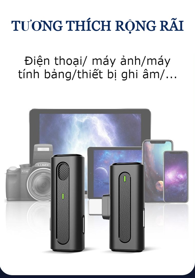 Micro thu âm, Mic livestream cài áo, giảm tiếng ồn, bắt âm tốt, thu âm chuyên nghiệp - Micro không dây bluetooth tương thích nhiều thiết bị, kết nối cho điện thoại, máy tính, máy quay