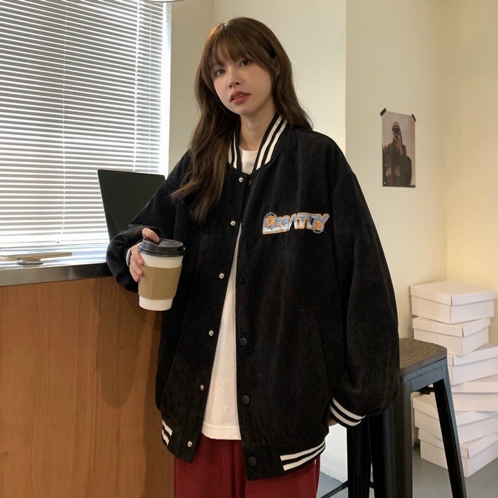 Áo khoác nữ chất nhung gân 2 lớp kiểu dáng bomber THÊU LOGO form rộng đẹp cho nữ