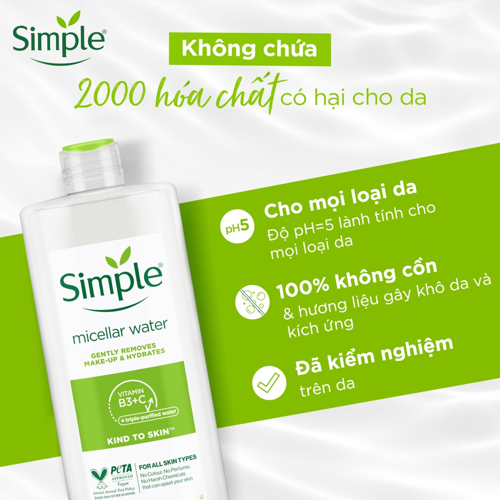 Combo 2 Nước tẩy trang Simple Micellar làm sạch 99% trang điểm, cho da thoáng mịn tức thì 400ml x2