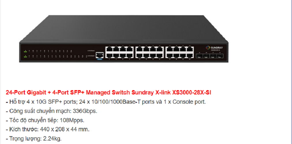 Thiết Bị Chuyển Mạch 8 POE Gigabit 2 SFP Sundray XS3000-28X-SI-hàng chính hãng