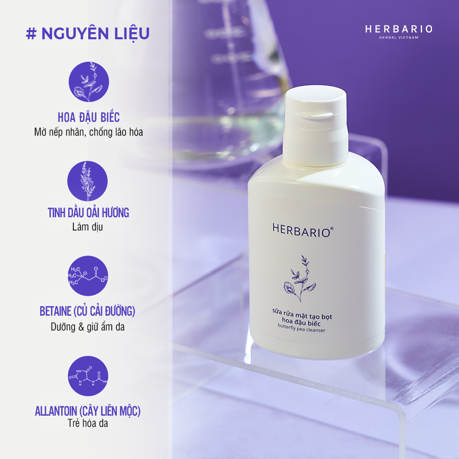 Bộ 3 cấp ẩm, ngăn ngừa lão hóa da Hoa Đậu Biếc Herbario: Sữa rửa mặt 100ml + Toner 200ml + Serum 30ml