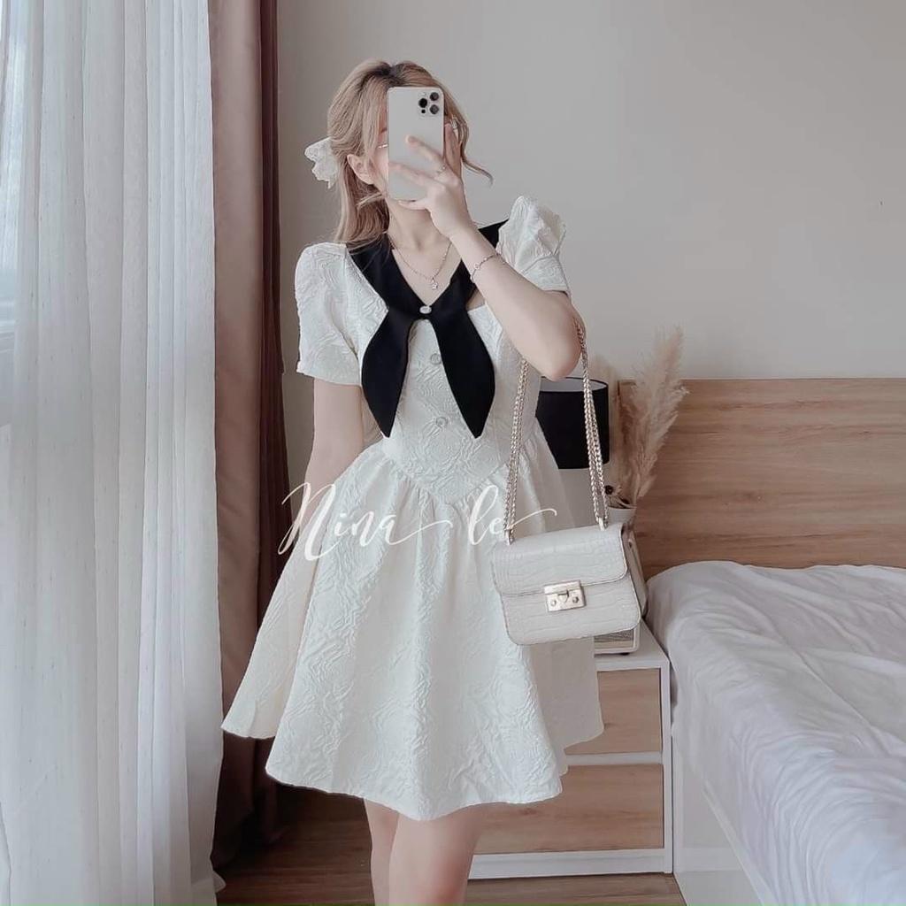 Váy đầm nữ dáng xòe cổ kết nơ dễ thương