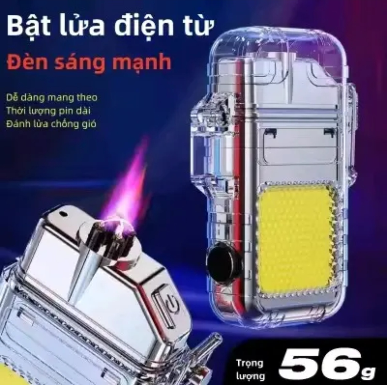 Bật Lửa Điện Cao Cấp 3 in 1. Kiêm Đèn Pin LED 3 Chế Độ, Móc Khoá Tiện Lợi,  Sạc Nhanh Type C, Chống Nước IPX6