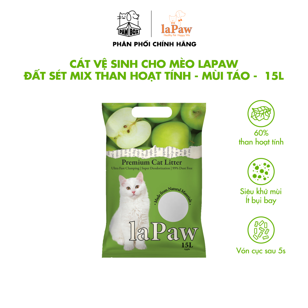 Cát vệ sinh cho mèo laPaw đất sét mix than hoạt tính siêu vón cục, siêu khử mùi, thơm lâu, ít bụi 15L