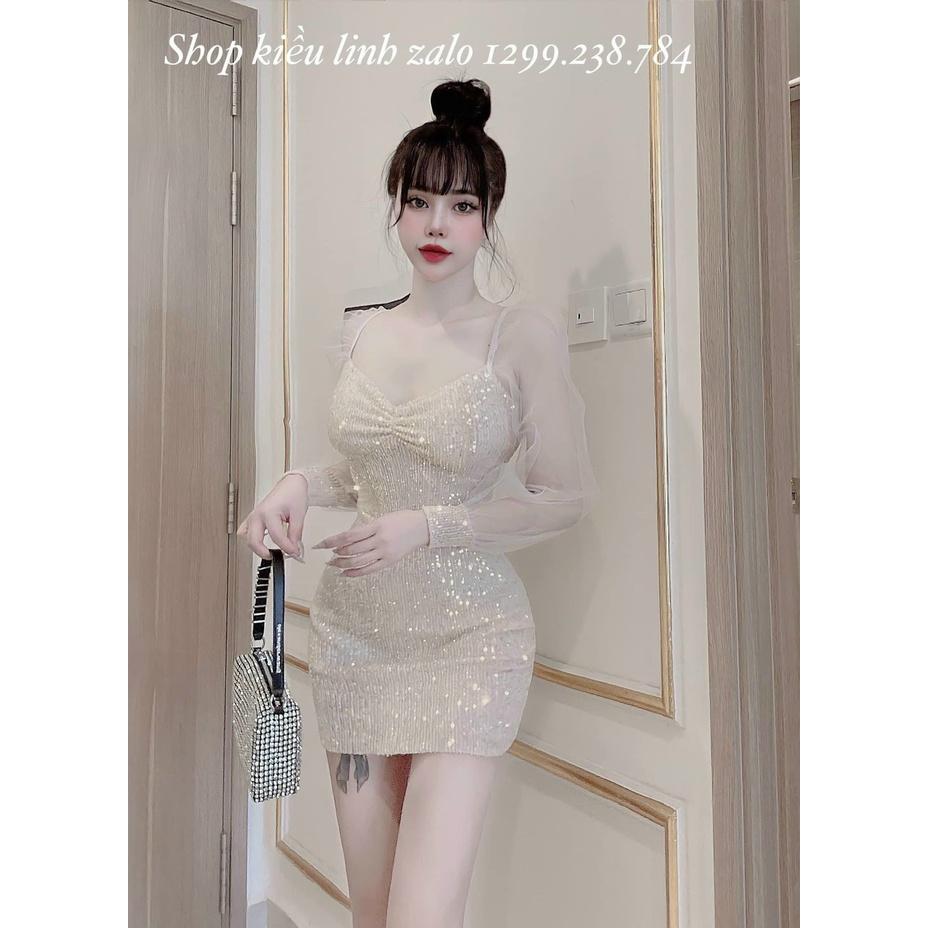 Đầm váy body kim sa phối tay lưới ( có mút, lót )