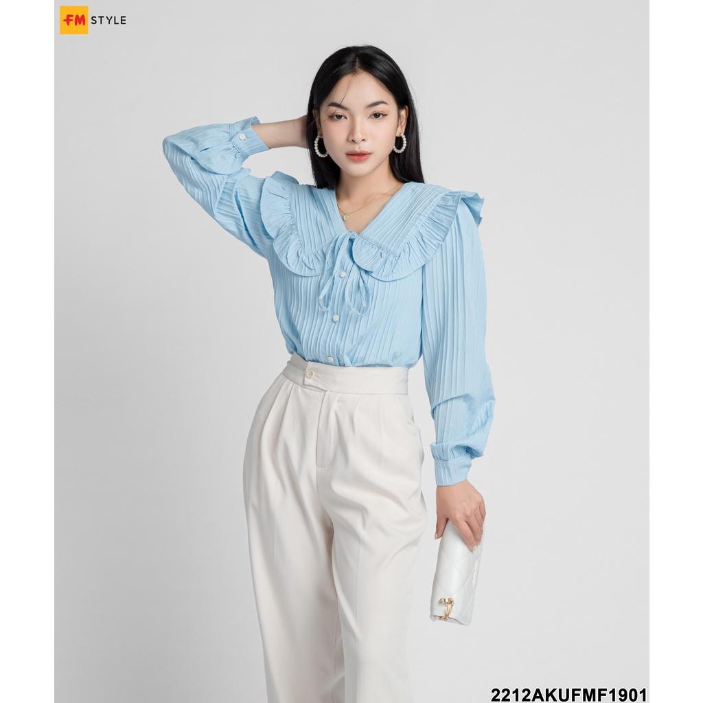 Áo sơ mi nữ Fm Style kiểu xốp sọc gân cổ bèo thắt nơ thời trang thiết kế phong cách tiểu thư xinh xắn 22120820