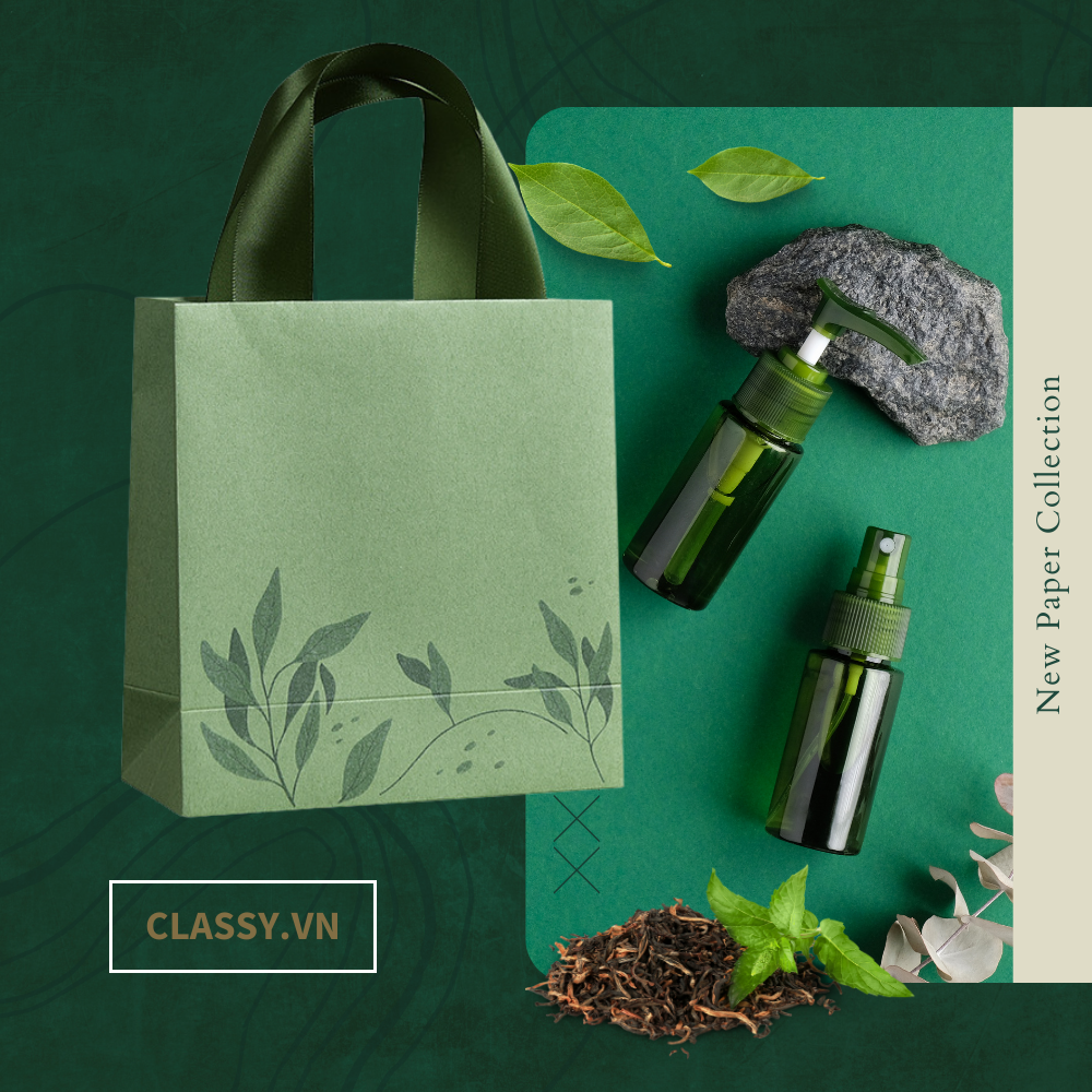 Túi giấy đựng quà dây quai ruy băng màu xanh lá - Kích thước 19.5x24.5x9cm phù hợp các món quà Organic thiên nhiên Q1838