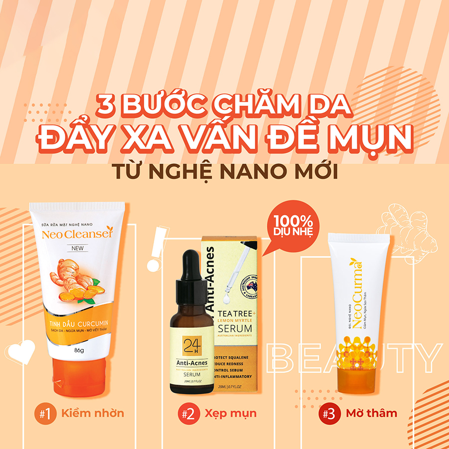 Bộ ba giảm mụn, mờ thâm sẹo (Sữa rửa mặt NeoCleanser 86g-Gel nghệ NeoCurma 20g-Serum 24h Anti acnes 20ml)