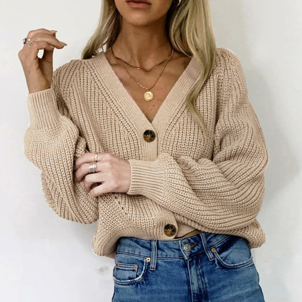 New Women Autumn Winter Oversize Knitted Sweater Solid Casual Cardigan Deep V-Neck Drop Long Sleeves Knitwear Outwear