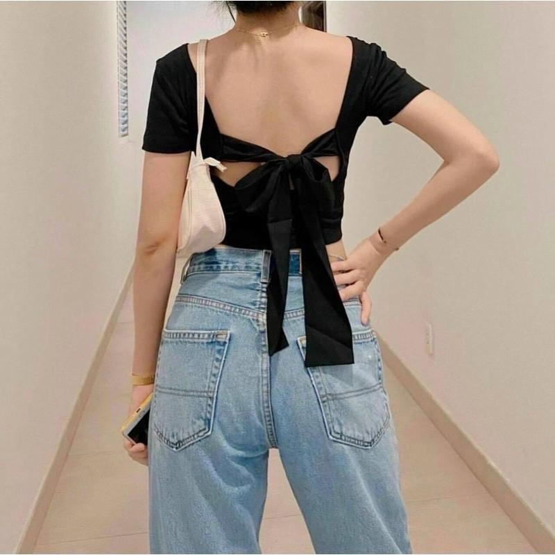 Áo buộc nơ sau lưng dạng croptop chất thun borip -N
