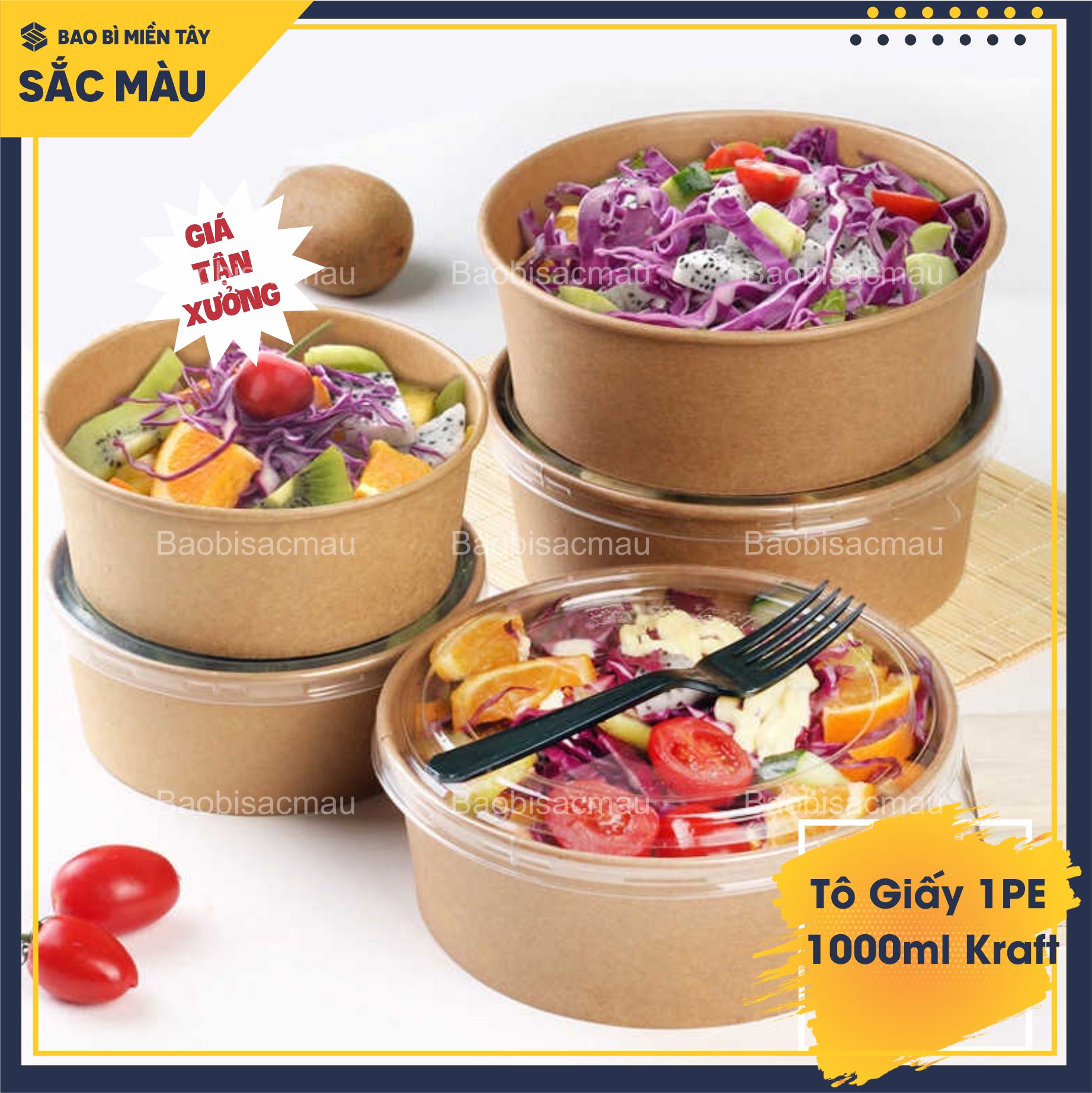 Set 20 Tô giấy Kraft 750ml và 1000ml dùng 1 lần đựng thức ăn có nắp