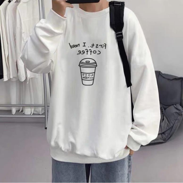 Áo sweater trắng in họa tiết coffee áo nỉ dài tay nam nữ