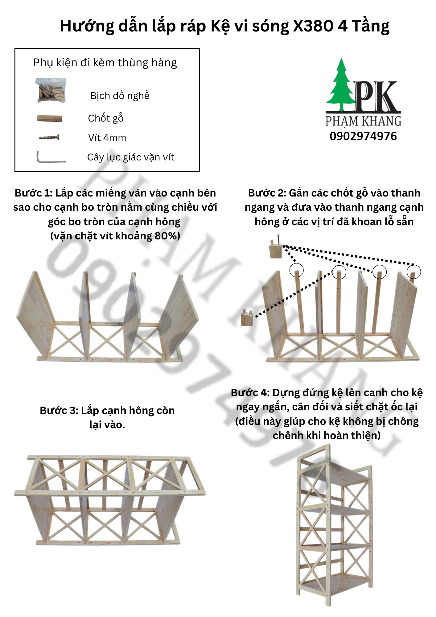 Kệ lò vi sóng gỗ 4 tầng Phạm Khang - Gỗ cao su tự nhiên màu Gỗ Tự Nhiên/ Vàng Cherry - Kích thước rộng 62 cm