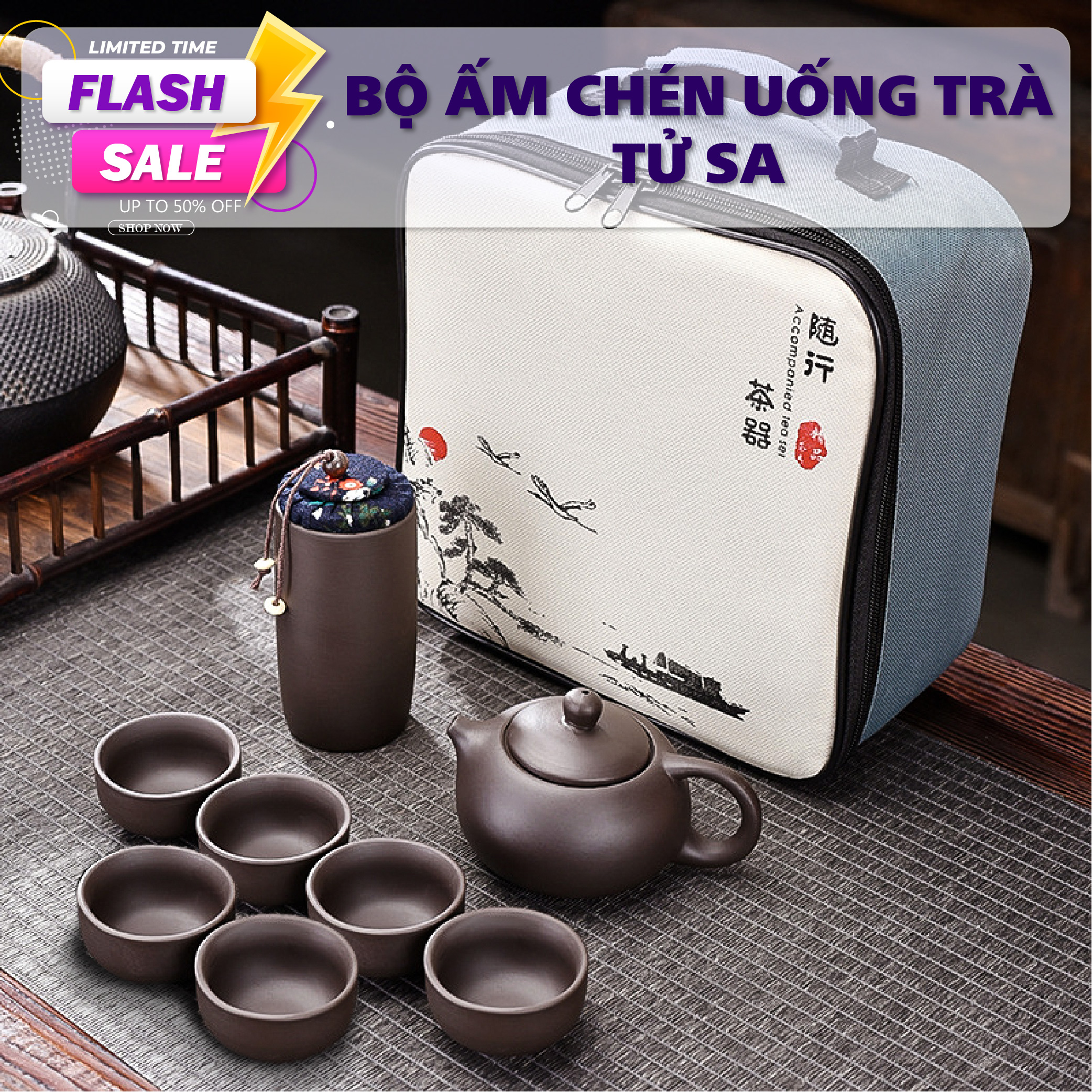 Bộ Bình Ấm Pha Trà Tử Sa, Bộ Ấm Chén, Bộ Bình Trà Gốm Sứ 12 Món Kèm Túi Đựng Xách Tay Dùng Làm Quà Tặng, Du Lịch