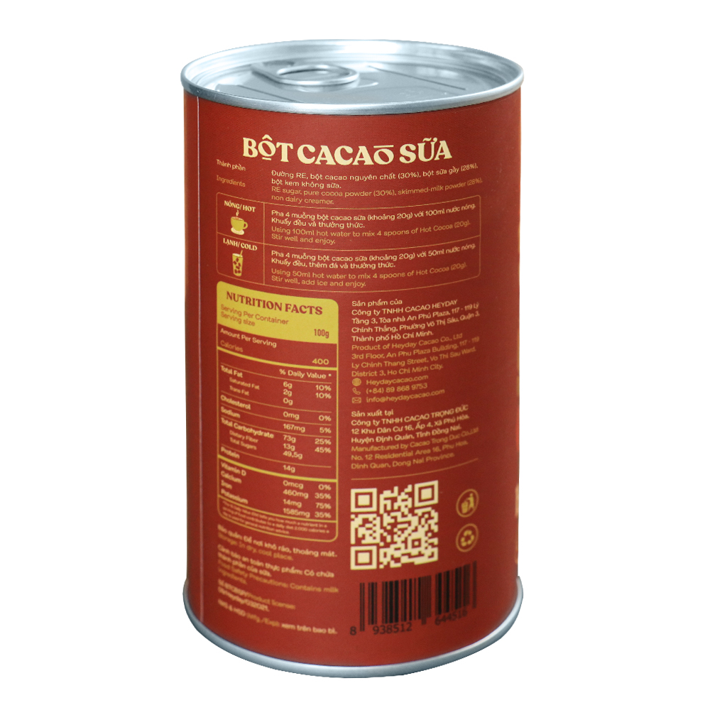 Bột cacao sữa Classic - Đậm cacao, thơm vị sữa – Lon 350g - Bộ sưu tập sản phẩm cacao "Thật" Heyday Cacao