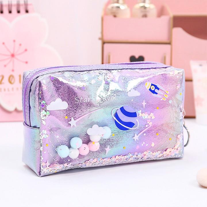 Hộp bút siêu rộng hình vũ trụ chống thấm phối hạt sequin lấp lánh chuyển động họa tiết in laser sắc nét – H045