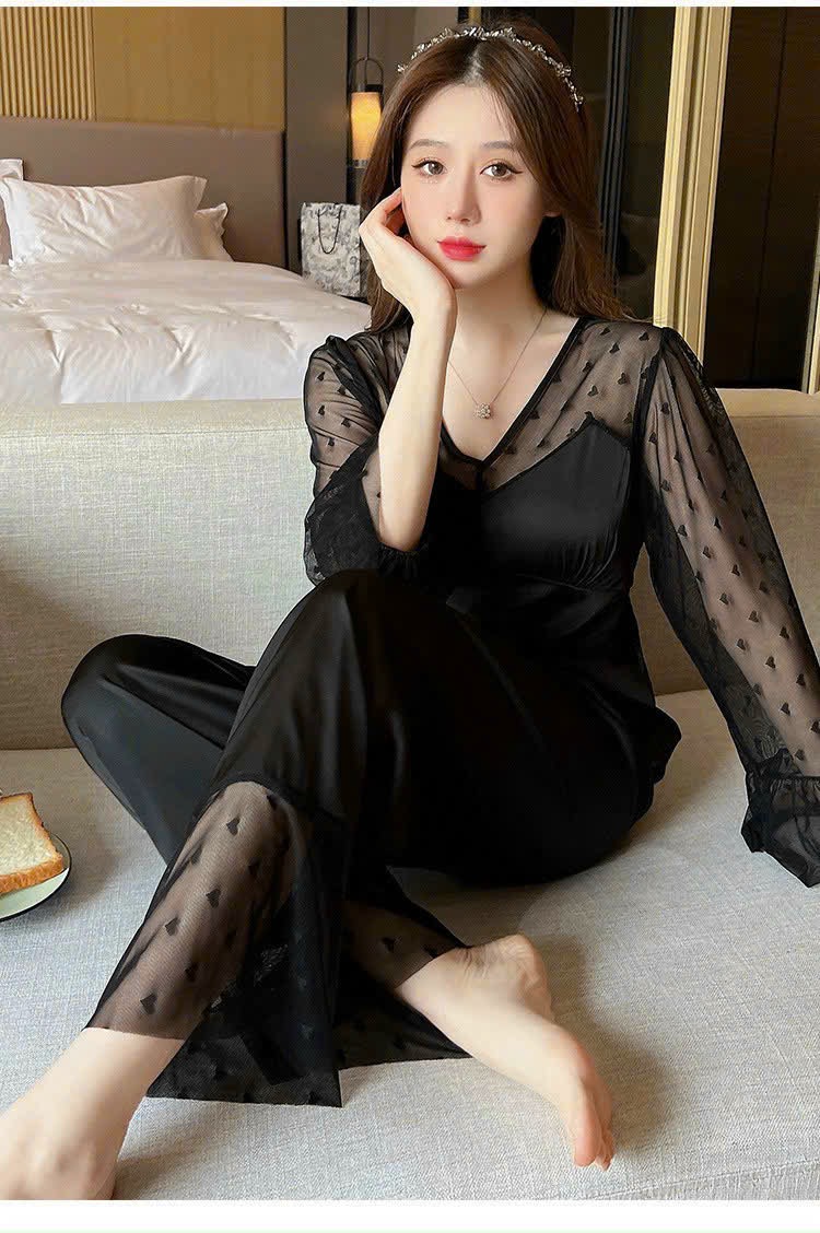 Bộ Đồ Ngủ B916 Lụa Quảng Châu Tay Ren Trái Tim Cao Cấp Xinh Xắn