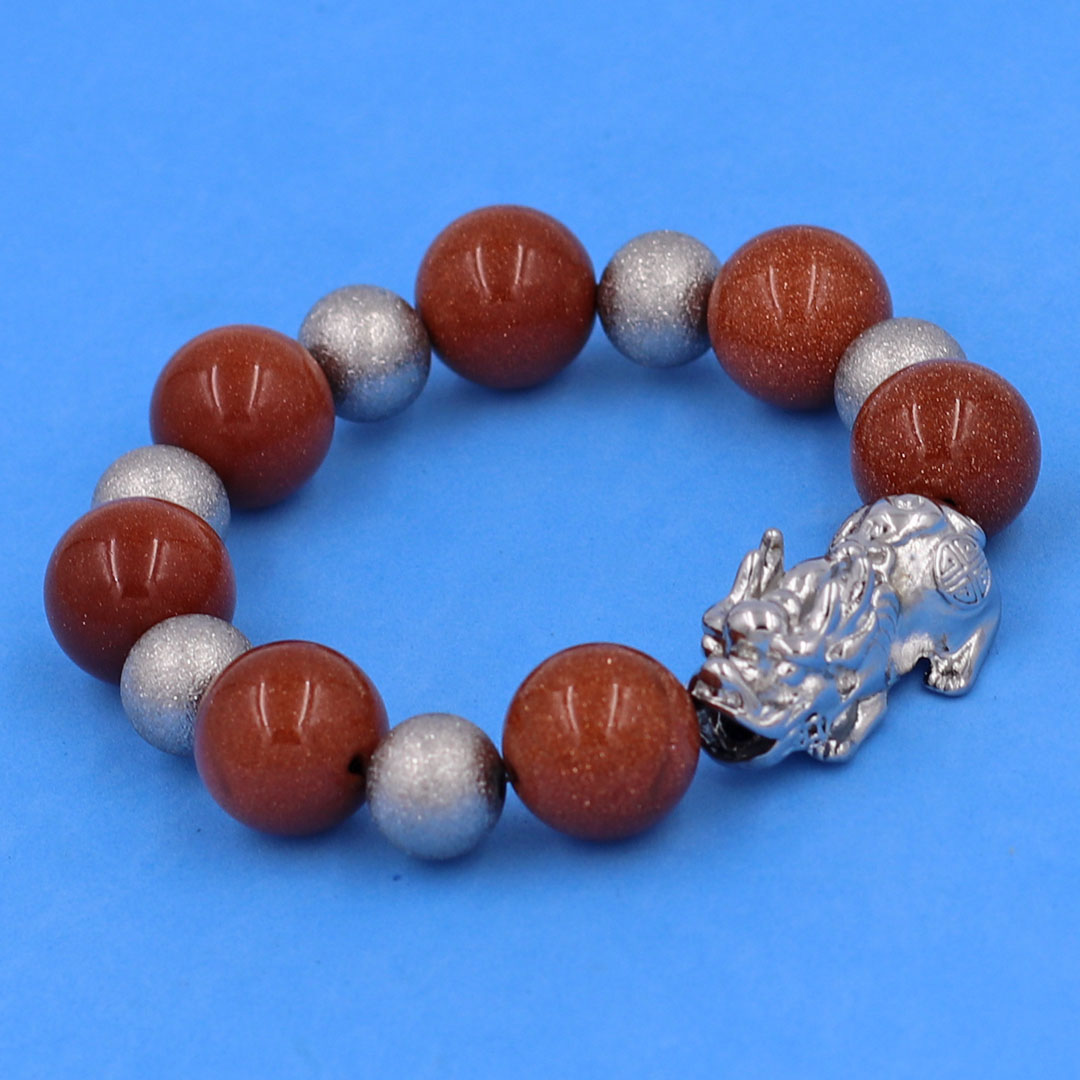 Vòng chuỗi đeo tay đá kim sa 14 ly  charm tỳ hưu và bi inox, vòng tay chuỗi hạt