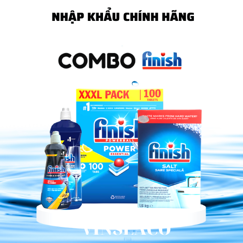 Combo viên rửa chén bát finish all in 1 hộp 90 viên + muối rửa ly finish 1,5kg + nước làm bóng finish 1150ml