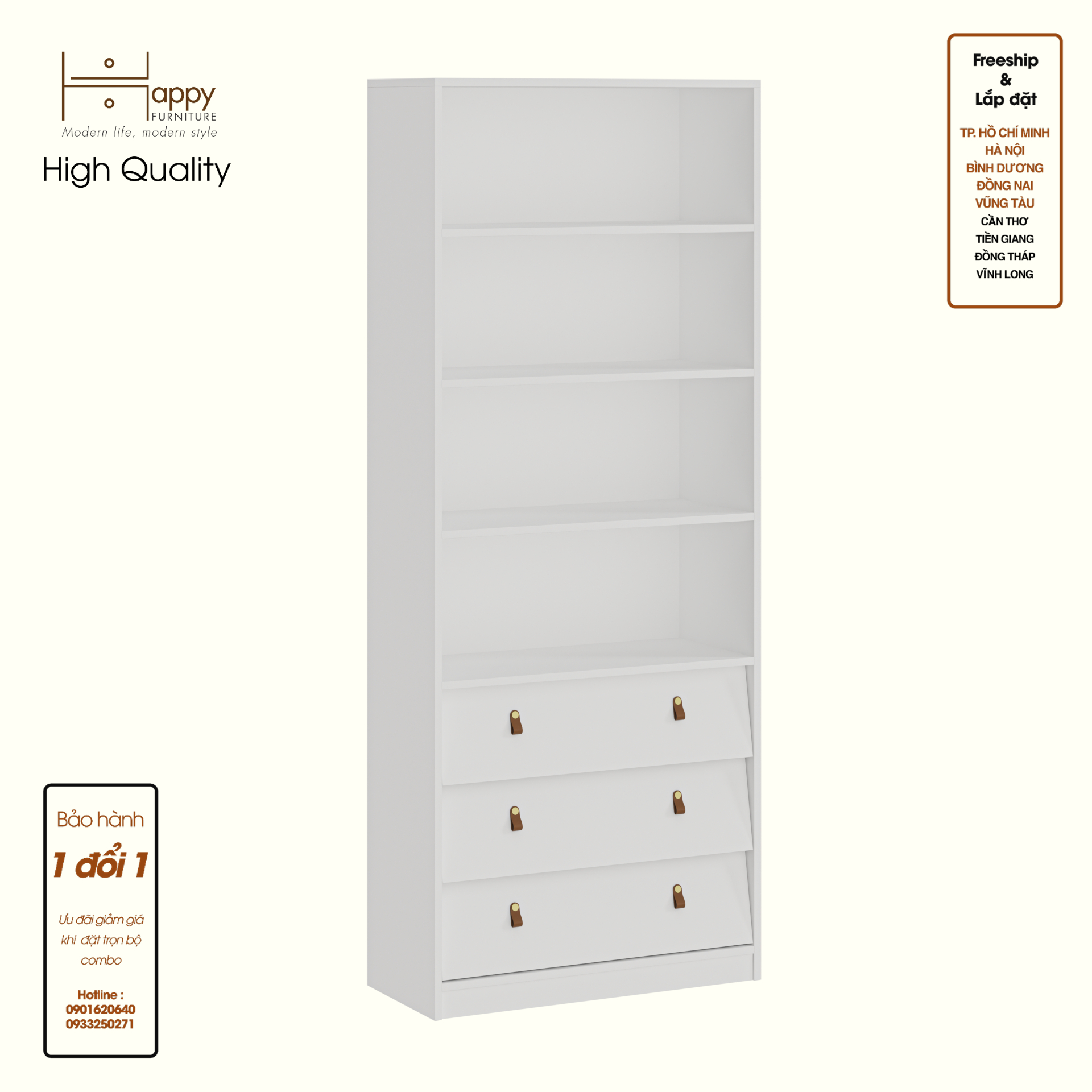 HAPPY FURNITURE , Kệ sách 3 ngăn kéo - CALYN , KSA_106 , 80cm x 35cm x 200cm DxRxC