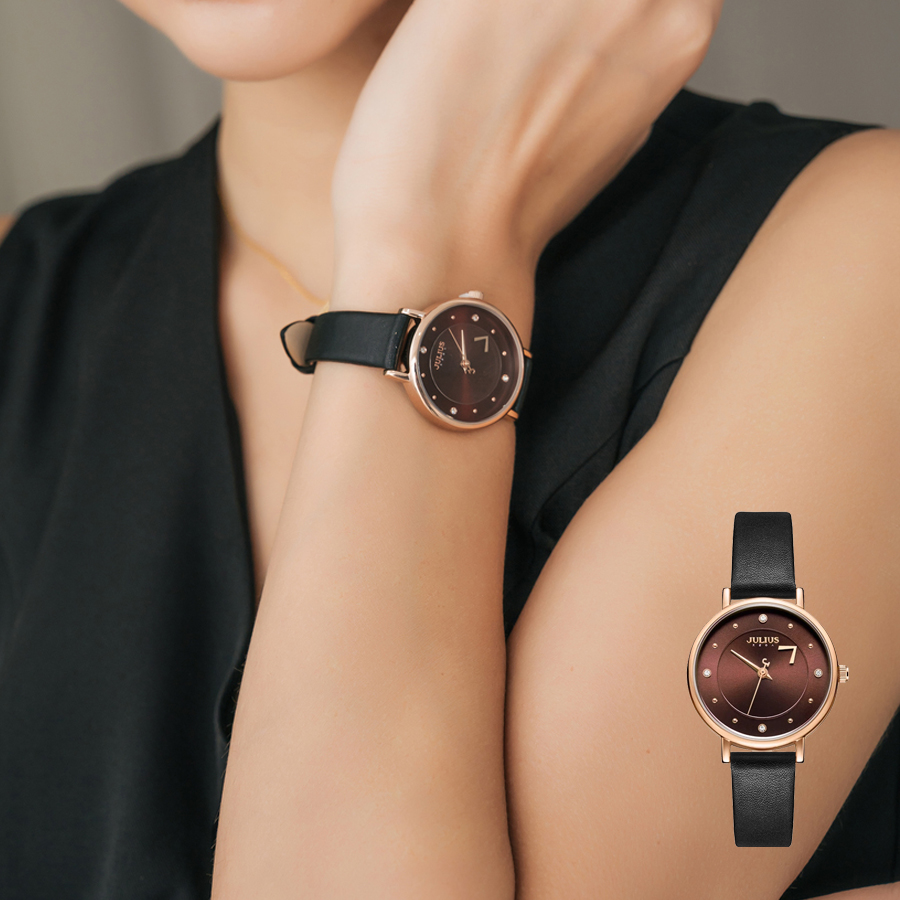 Combo đồng hồ julius JA-1248LF1 dây da đen kèm dây đồng