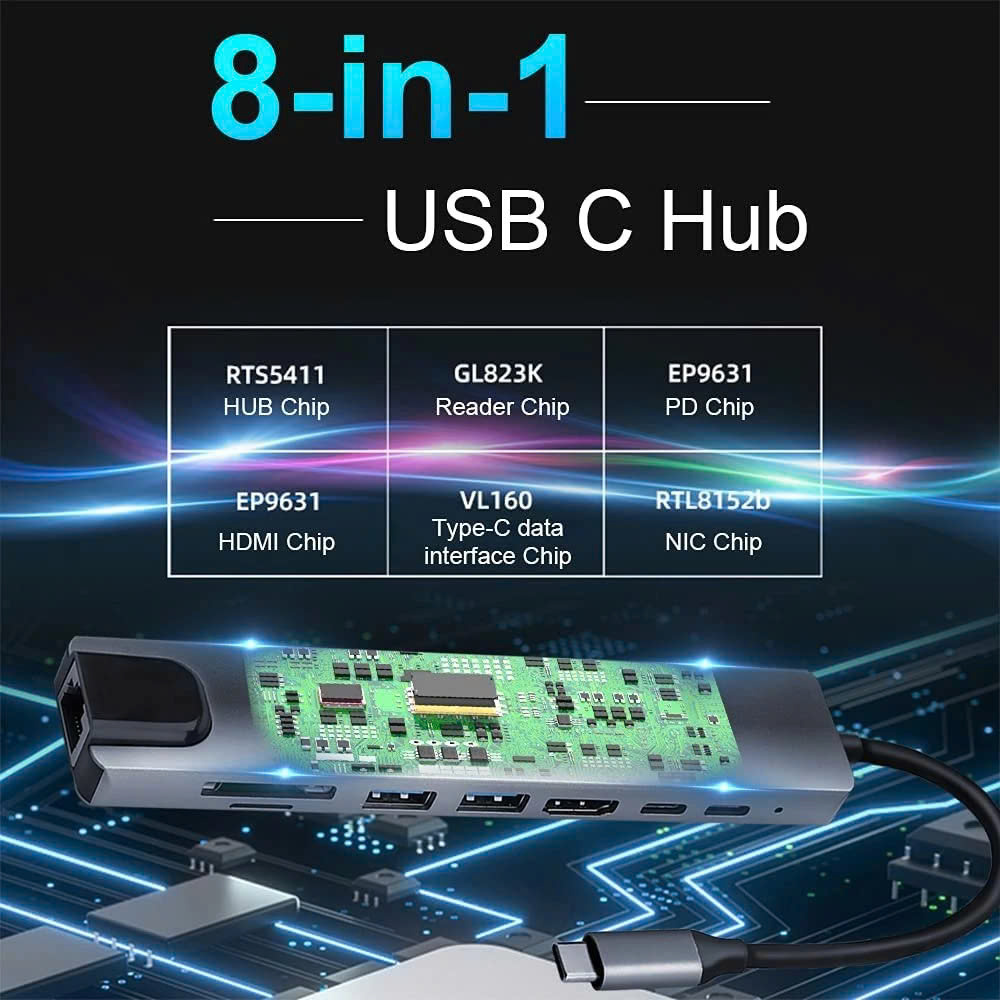Bộ Chuyển Đổi Hub USB C Hub 8 Trong 1 Type C 3.1 Sang 4K RJ45 Đọc Thẻ SD / TF Cho MacBook Notebook Laptop Máy Tính - Hàng Nhập Khẩu
