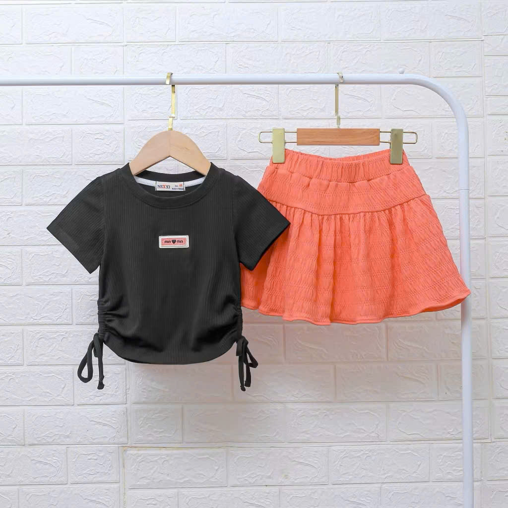SET VÁY THUN GÂN ÁO ĐÍNH LOGO MIN MIN BÉ GÁI TỪ 12-45KG CHO BÉ GÁI