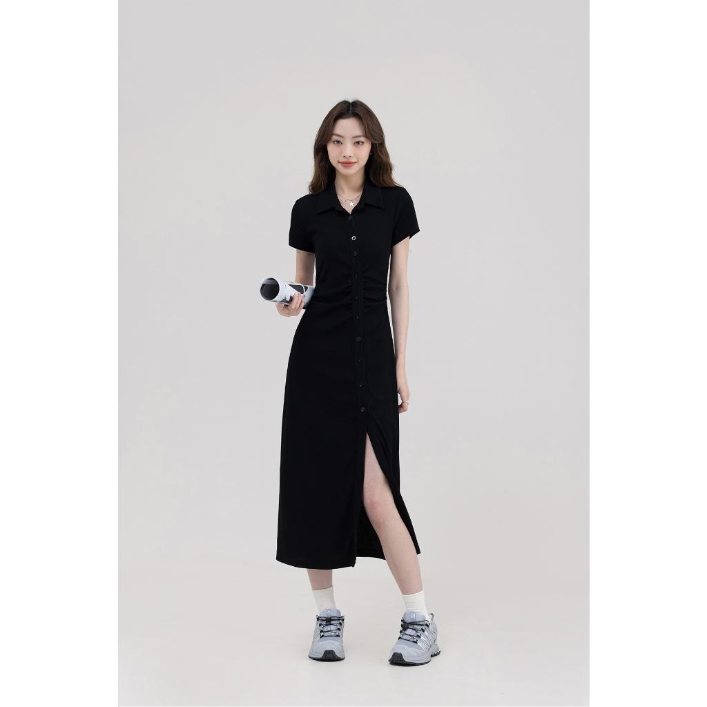 Đầm polo đen dáng dài đính cúc siêu hack dáng [D5