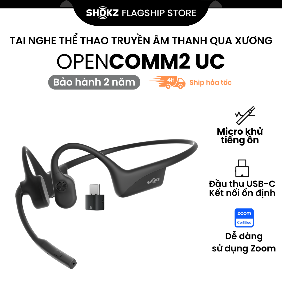 Tai nghe Bluetooth truyền âm thanh qua xương Shokz OPENCOMM2/OPENCOMM2 UC - Hàng Chính Hãng