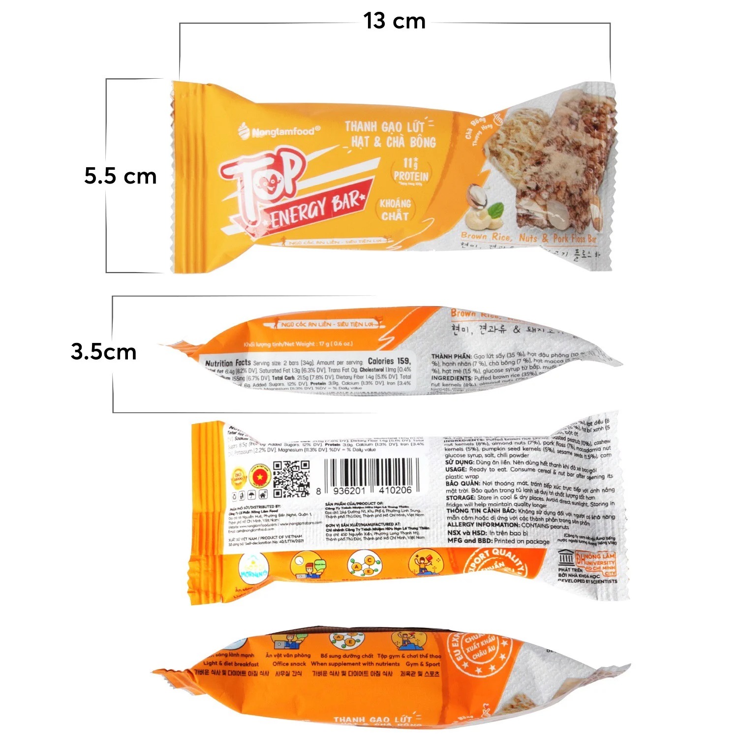 Combo 3 hộp thanh gạo lứt ngũ cốc Top Energy Bar hạt và chà bông, rong biển, trái cây 272g Nonglamfood