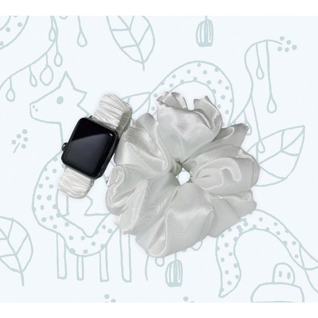 Combo dây đồng hồ apple watch và scrunchies dây cột tóc, buộc tóc vải satin lụa TRẮNG Noel