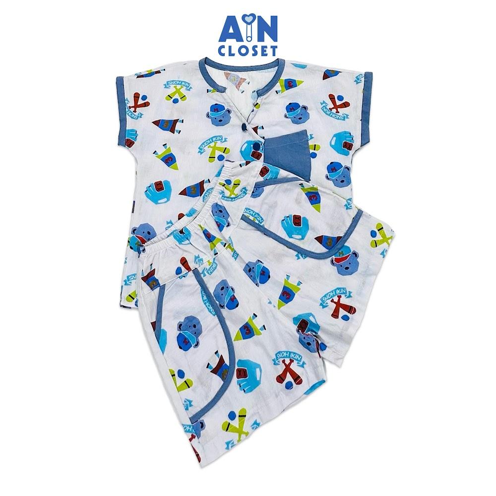 Bộ quần áo ngắn bé trai họa tiết Gấu Bóng Chày xanh cotton - AICDBTKE87TA - AIN Closet