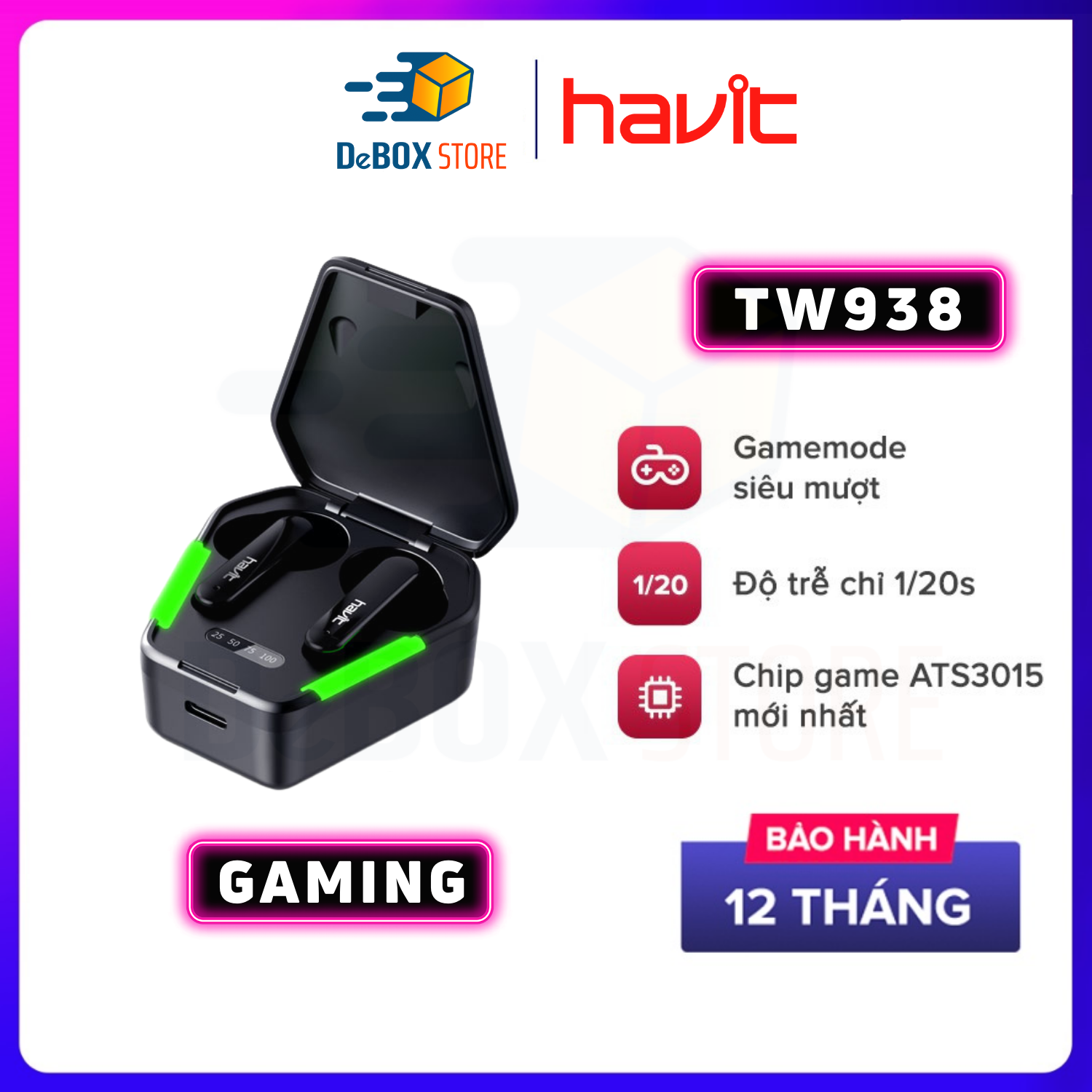 Tai Nghe Bluetooth Gaming True Wireless HAVIT TW938 Bass Chất Game Mượt, Chip ATS3015 Giảm Độ Trễ 50ms - Hàng Chính Hãng