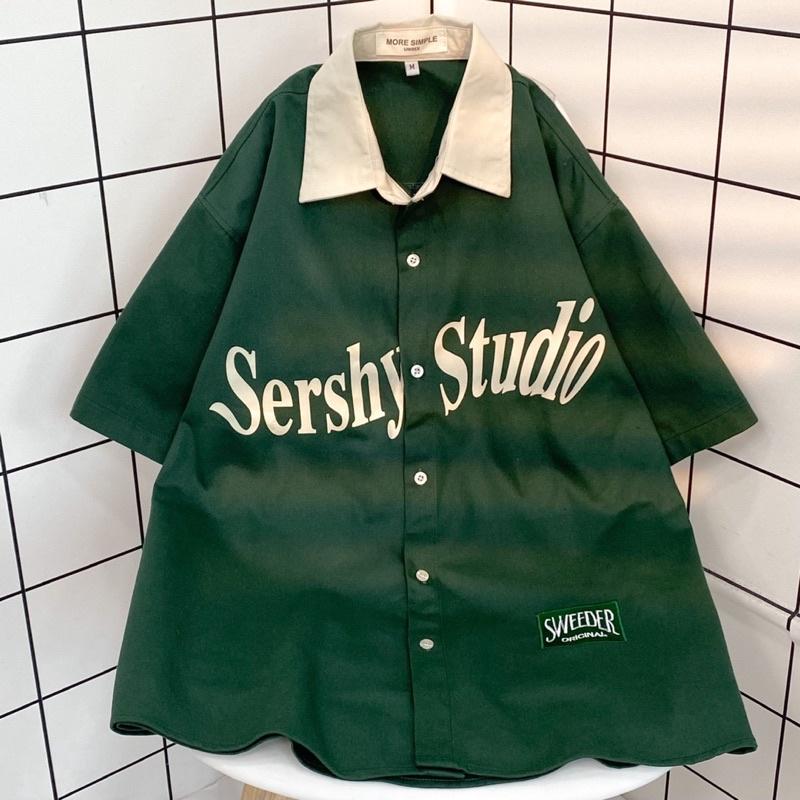 Áo sơmi tay lỡ unisex SERSHY màu XANH LÁ/KEM Nam nữ unisex Áo Sơ Mi form rộng style Ulzzang