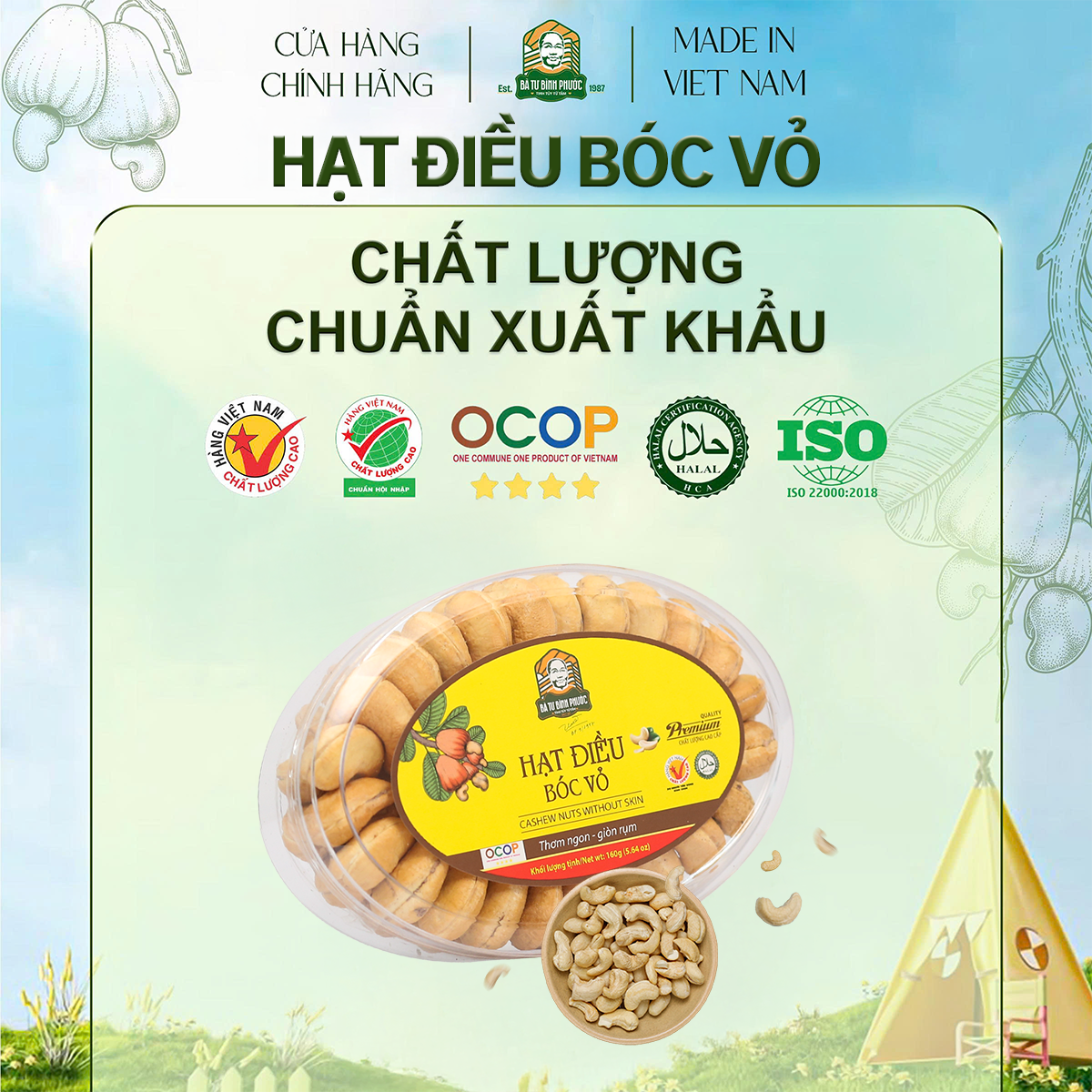 Hạt Điều Bóc Vỏ Bà Tư Bình Phước 160g – Giòn rụm, béo bùi tự nhiên – rang củi truyền thống