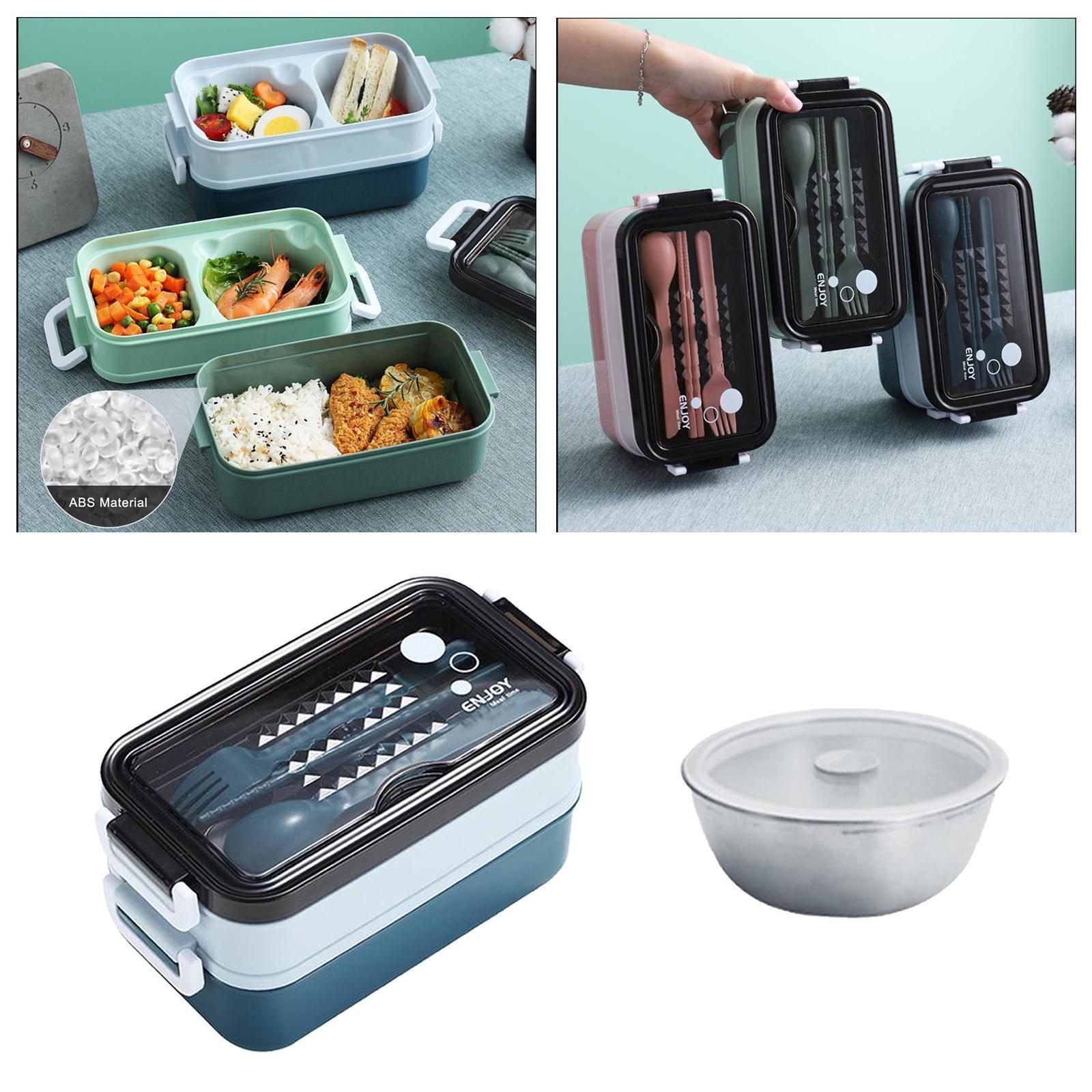 1pc Double-layer Lunch Container Bento Box Snack Packing blue with soup bowl