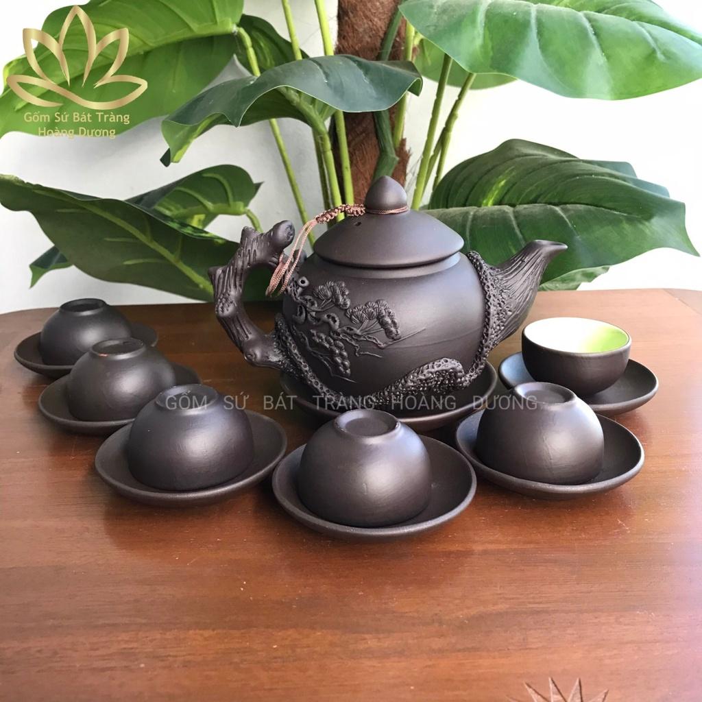 Bộ ấm chén uống trà Tử sa Bát Tràng đắp nổi Lão Tùng đen 400ml