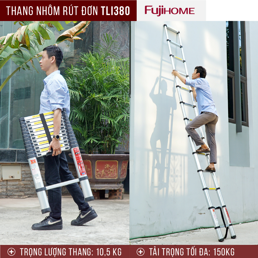 Thang nhôm rút đơn Nhập Khẩu 3,8M gấp gọn Nhật Bản Fujihome chống trượt, thang rút xếp gấp gọn gia đình đa năng 3m8 mét có khóa an telescoping ladder - Hàng Nhập Khẩu