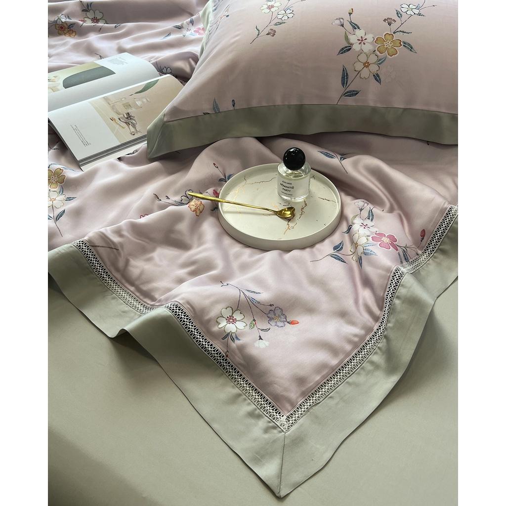 Bộ chăn ga gối cao cấp 100%Tencel 100s Digital Print, Set 4 món chăn chần hè phối ren siêu mềm mát mịn