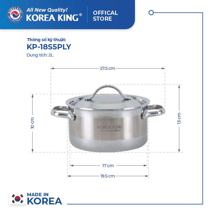 Bộ nồi Inox 5 lớp đáy liền Korea King ( Bộ gồm 4 nồi và nắp bằng inox đường kính 18, 20, 22, 24cm)-Hàng chính hãng