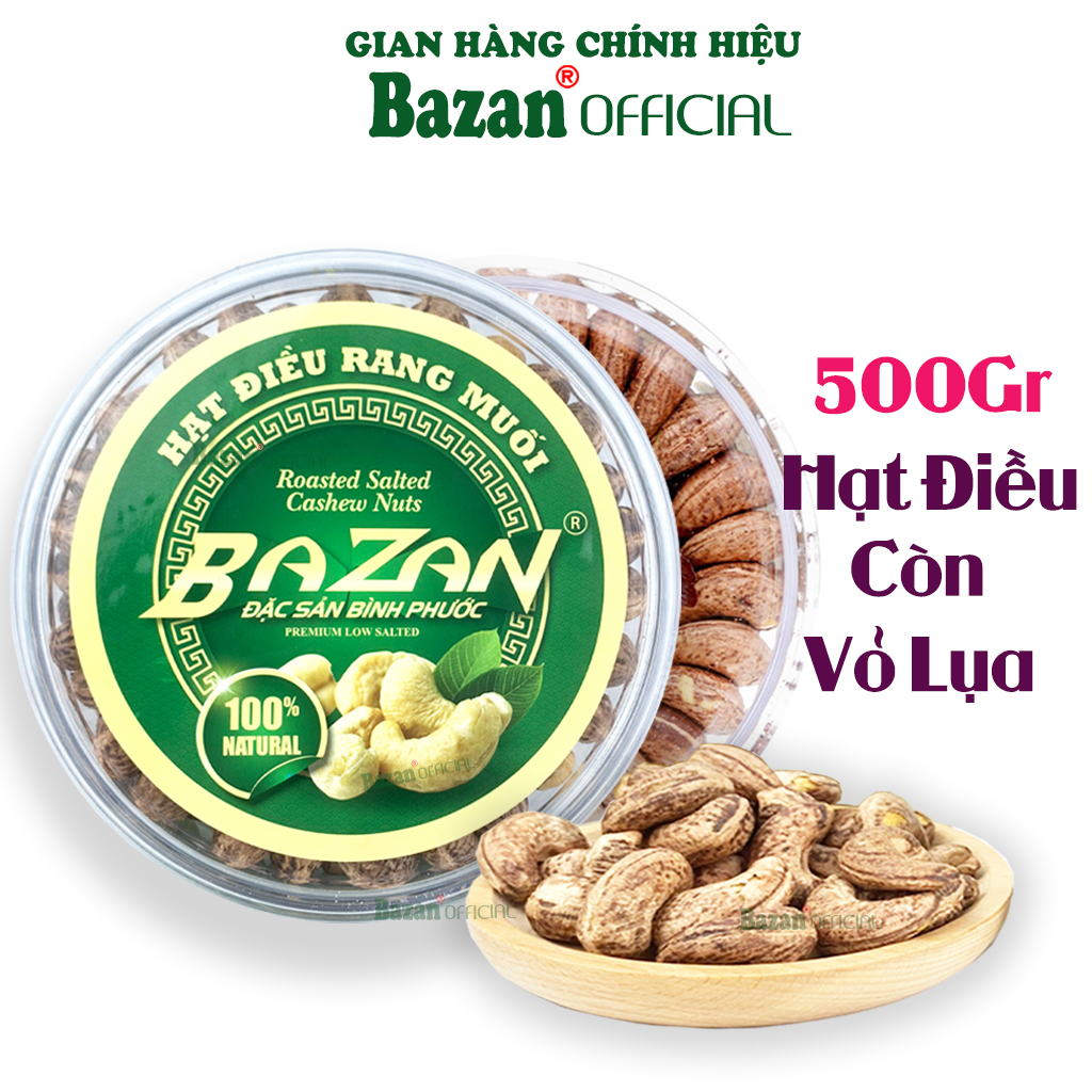 Hạt điều rang muối Bazan Bình Phước nguyên hạt dinh dưỡng A+ loại 1 hộp tròn 500g xếp hoa