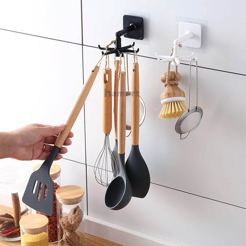 Giá Treo Đồ Nhà Bếp Móc 6IN1 XOAY 360° Nhà Tắm Đa Năng Kèm Miếng Dán Tường Siêu Dính