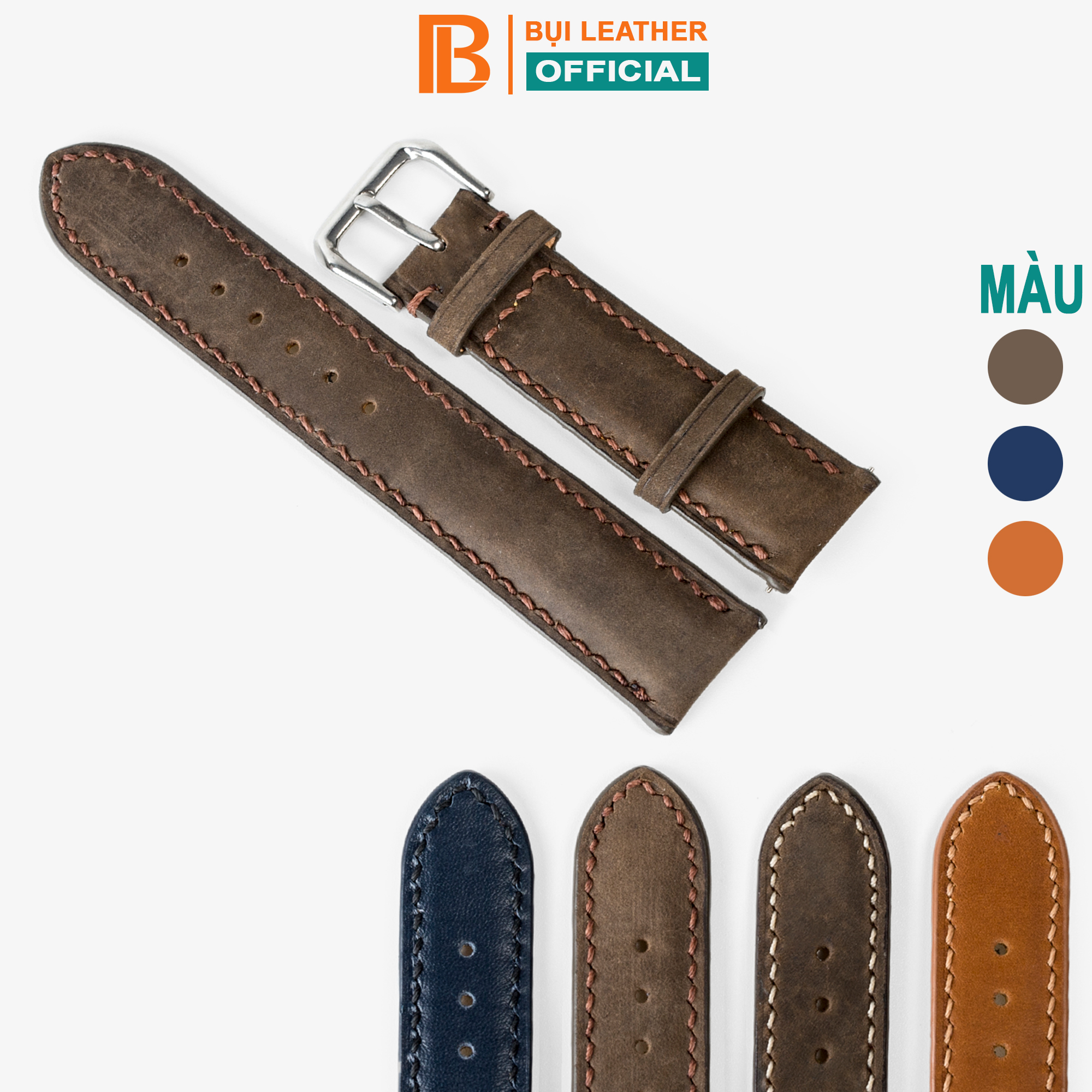 Dây Đồng Hồ Da Bò Vintage Bụi Leather D111 - Da Thật Khâu Tay Thủ Công Cao Cấp - Bảo Hành 12 Tháng - Da Sáp Chỉ Nâu - 20Mm