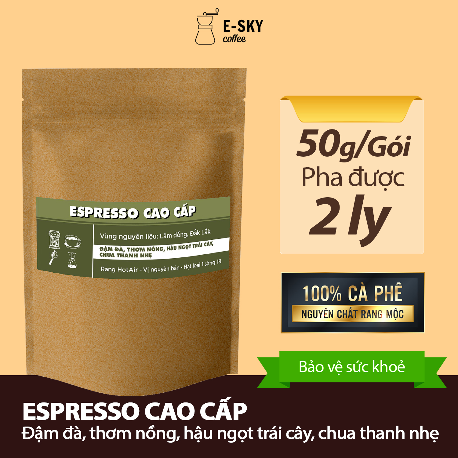 Mẫu Thử Cà Phê Rang Xay Nguyên Chất E-SKY Coffee Cafe Pha Phin 50gr