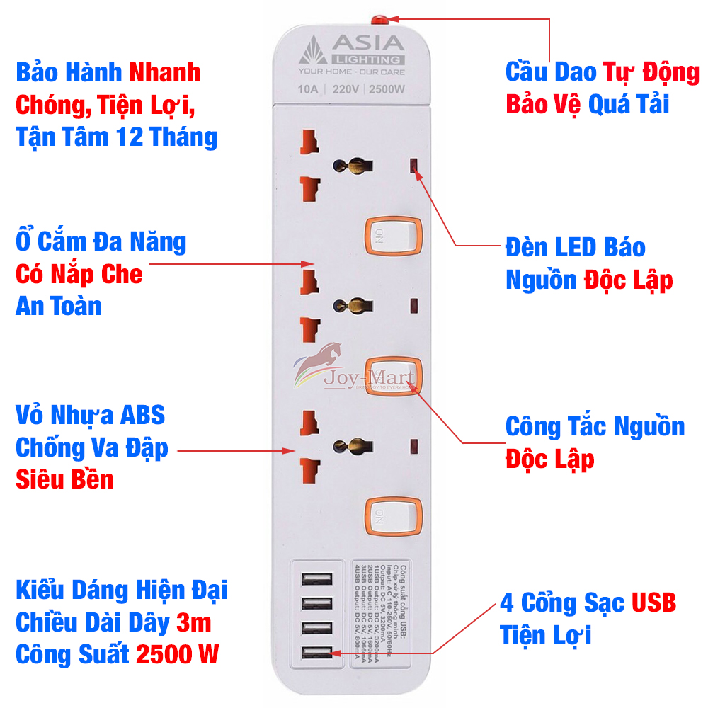 Ổ Cắm Điện Đa Năng Thông Minh Cao Cấp ASIA Chịu Tải 2500W An Toàn Chống Giật Có Cổng USB 5V Sạc Nhanh Dây 3m 5m