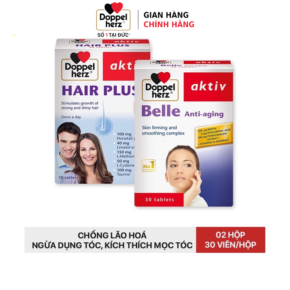 Bộ đôi chống lão hóa, ngăn ngừa rụng tóc, kích thích mọc tóc Doppelherz Belle Anti Aging và Hair plus (02 hộp 30 viên)