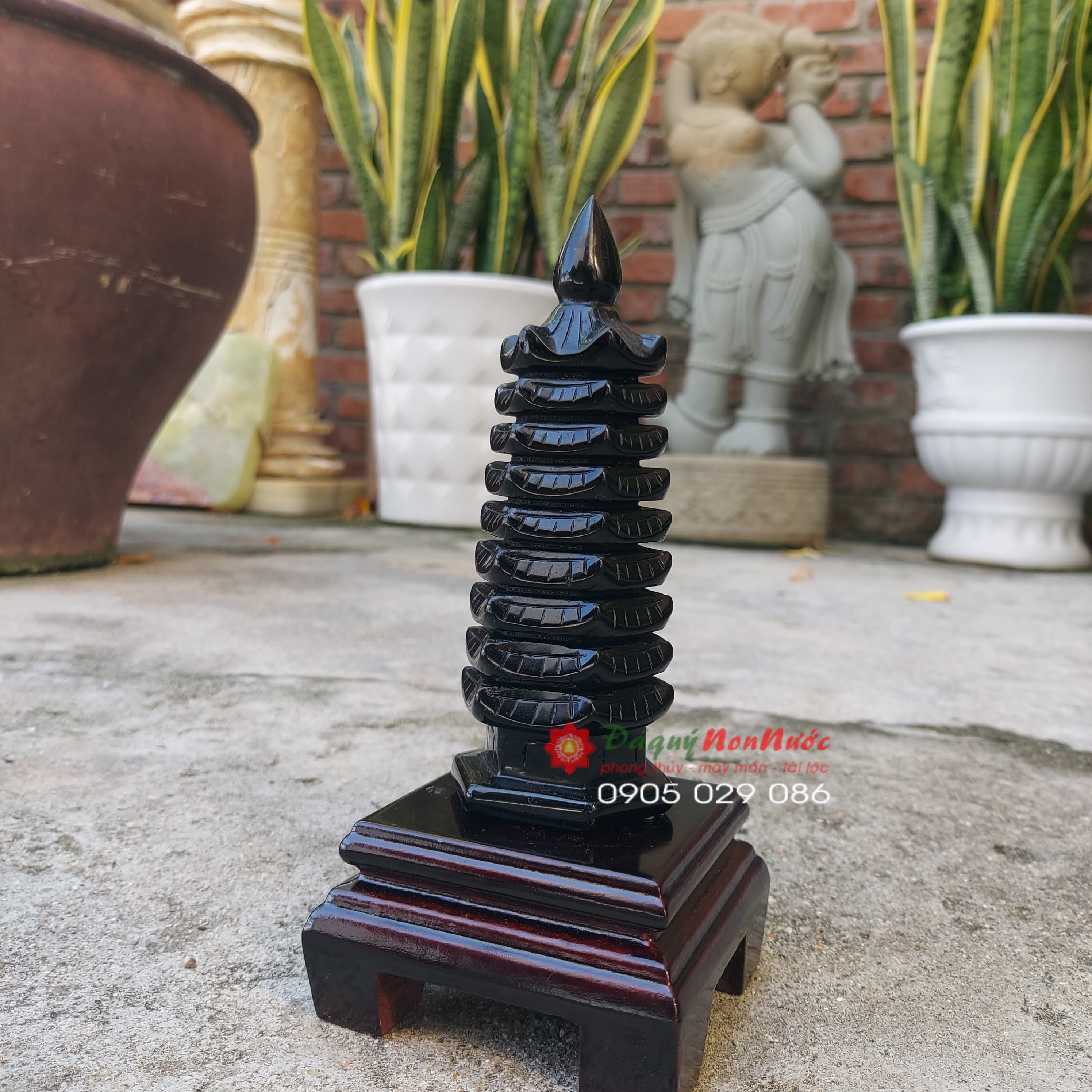 Tháp văn xương 9 tầng phong thuỷ đá Obdsidian cao 13cm - đá Non Nước